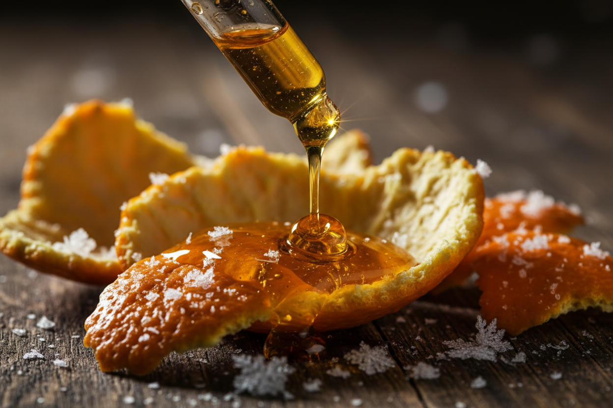 Natürliche ätherische Öle (z. B. Citrus Aurantium Dulcis Peel Oil) als zutat realistisch dramatisch und mit fokus auf konsistenz haptik und farbe und mit motif first snow