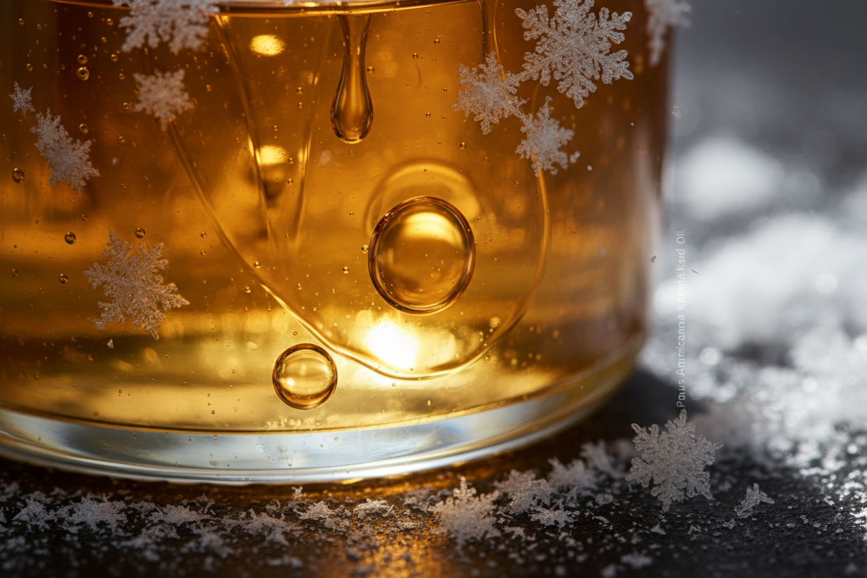 Aprikosenkernöl (Prunus Armeniaca Kernel Oil) als zutat dramatisch realistisch fokus auf konsistenz (öl) und als motif first snow