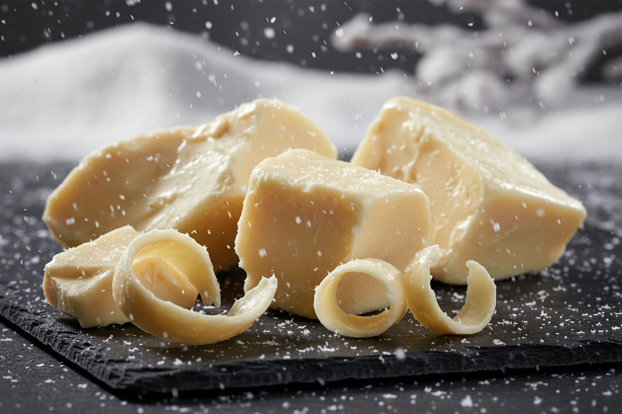 Kakaobutter (Theobroma Cacao Seed Butter) als zutat mit fokus auf konsistenz realistisch und dramatisch mit motif first Snow